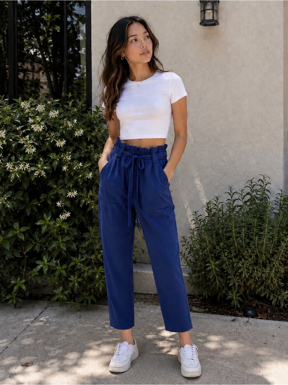 Athleta Navy High-Rise Paperbag Tie-Waist Cropped Pants